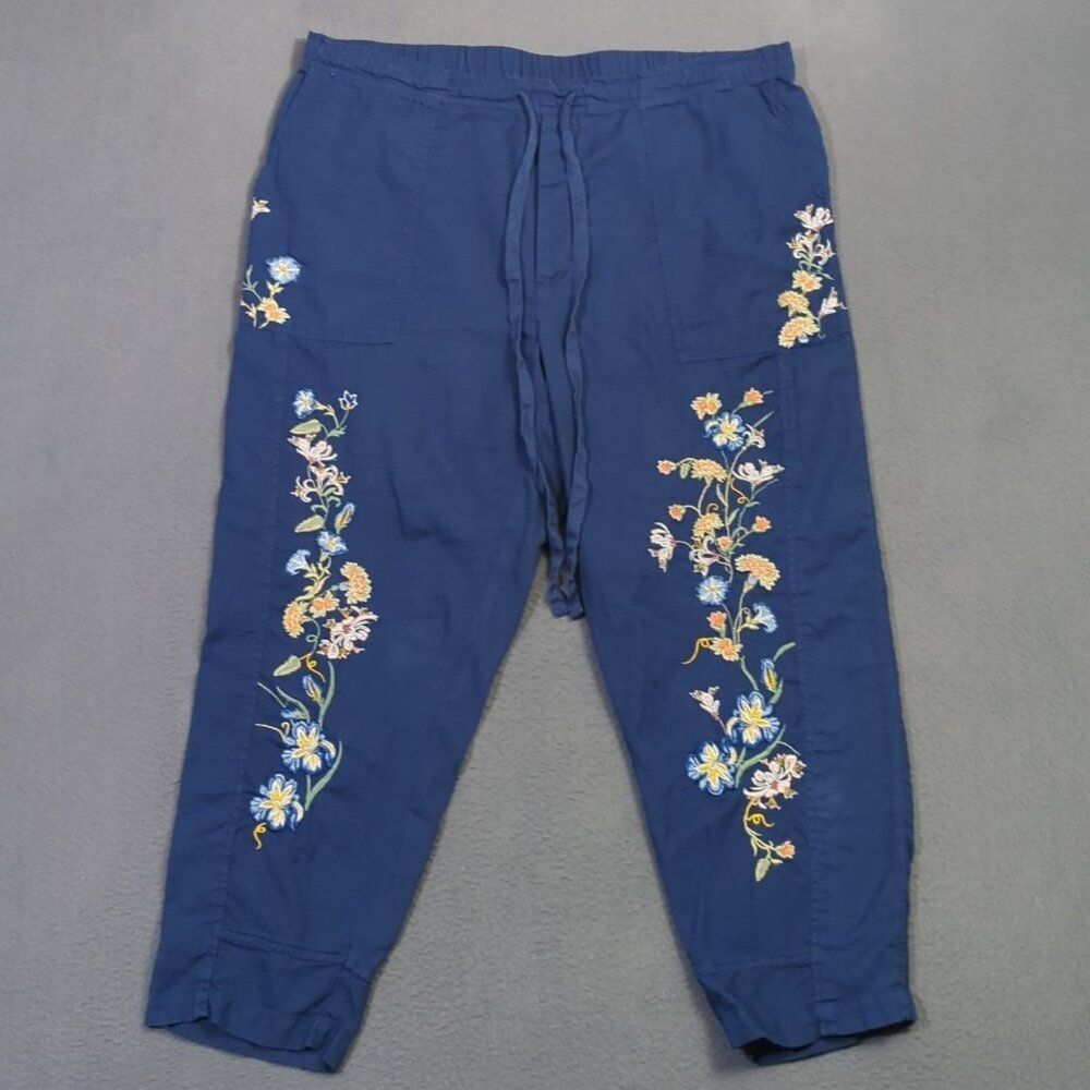 Sundance Pants Women's L Blue Cotton Floral Embroidered Drawstrings Bohemian